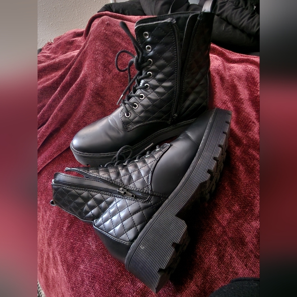 Black Quilted Lace-Up Boots